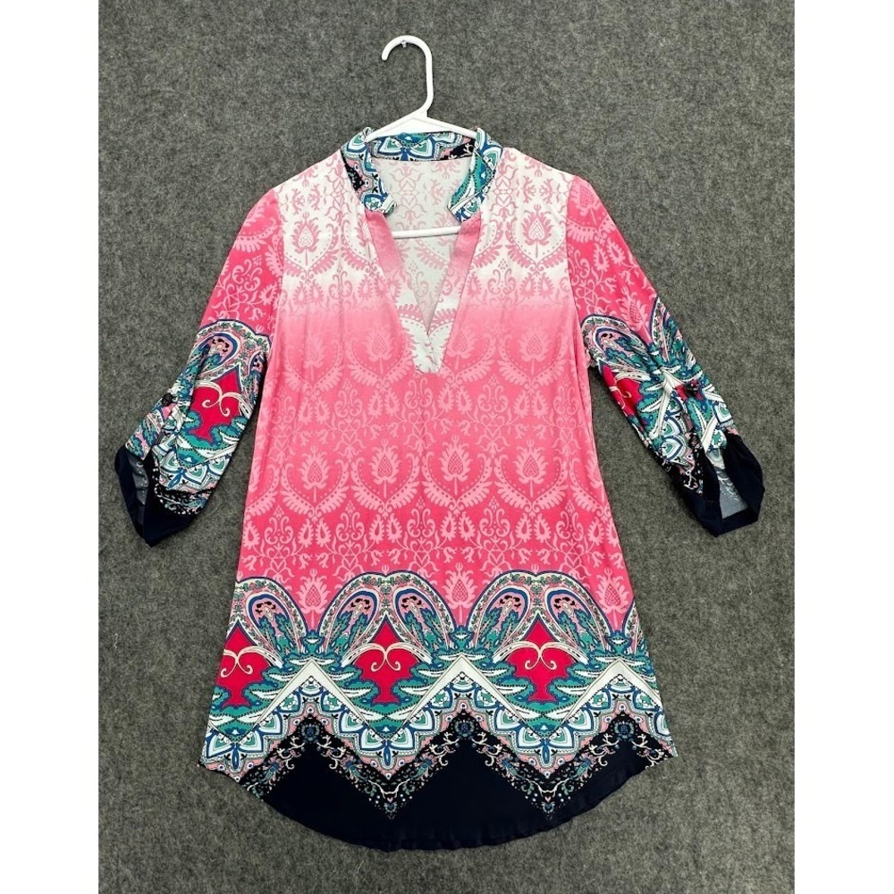 Womens Tunic Top Small Pink Paisley Boho Blouse V Neck 3/4 Sleeve Stretch Lightw
